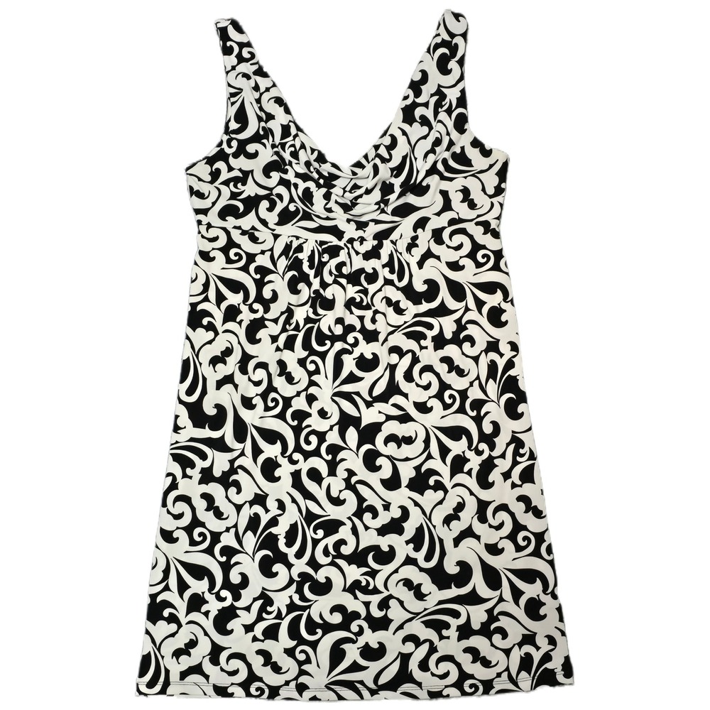 AB Studio Scroll Print Dress Women Large Black White Excellent Empire Waist Cowl